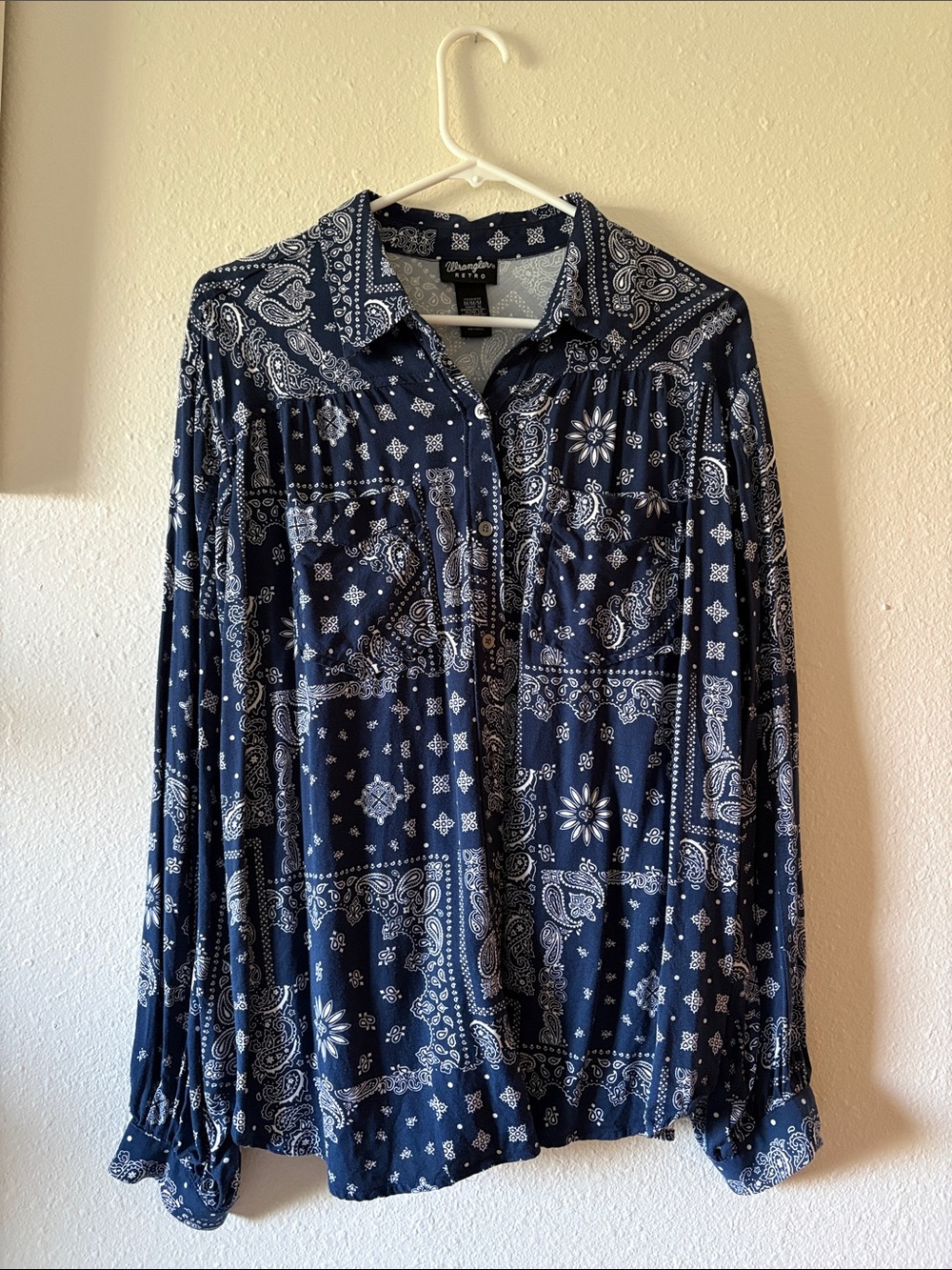 Wrangler Navy Blue and White Bandana Print Button-Up Blouse